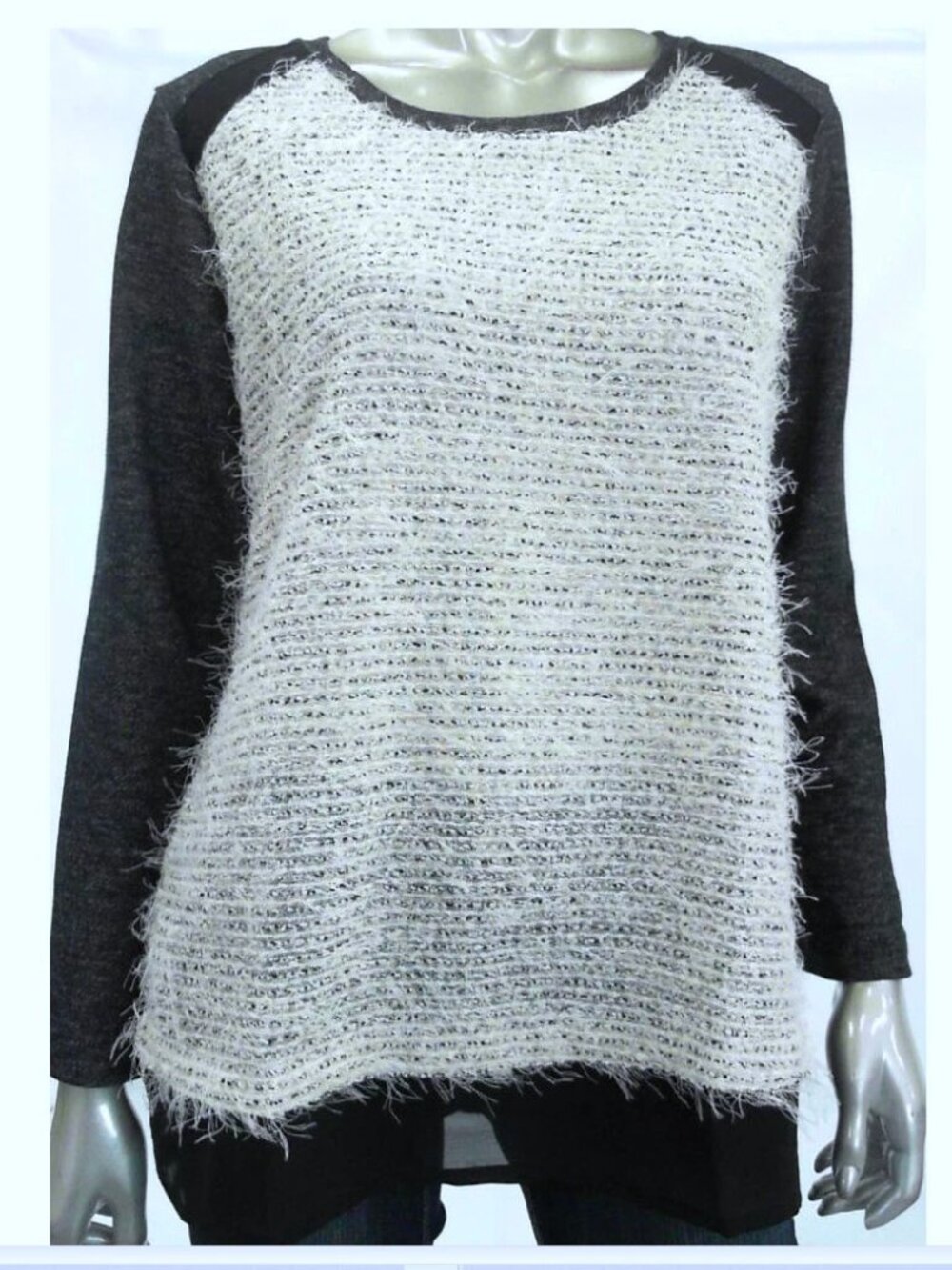 Style & Co Women’s Black Chiffon / White Fuzzy Sweater  - Size Petite Large